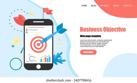 Webpage template. Business objective with an arrow, hit the target, goal achievement. Business concept vector illustration	