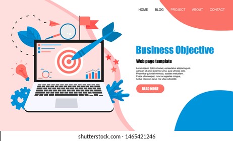 Webpage template. Business objective with an arrow, hit the target, goal achievement. Business concept vector illustration	
