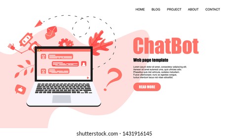 Webpage Template. Chatbot business concept. Communication with chatbot. Artificial intelligence in customer support	