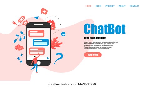 Webpage Template. Chatbot business concept. Communication with chatbot. Artificial intelligence in customer support	
