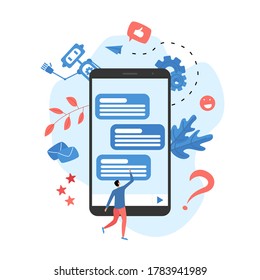 Plantilla de página web. El concepto de negocios de los bots de charla. Comunicación con chatbot. Inteligencia artificial en la asistencia al cliente