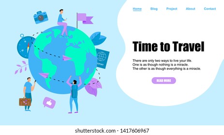 Webpage Template. Concept of Time to Travel. Planet Earth for travel flat design concept with two airplanes	
