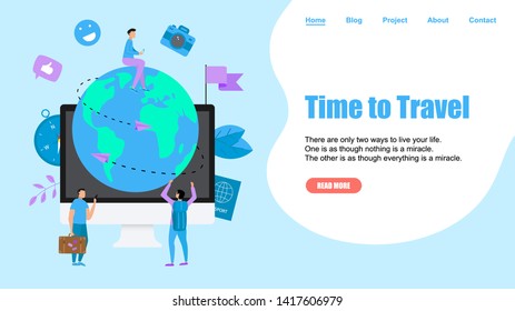 Webpage Template. Concept of Time to Travel. Planet Earth for travel flat design concept with two airplanes	