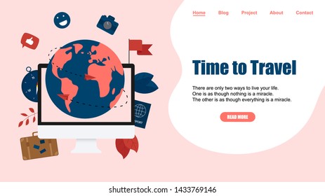 Webpage Template. Concept of Time to Travel. Planet Earth for travel flat design concept with two airplanes	