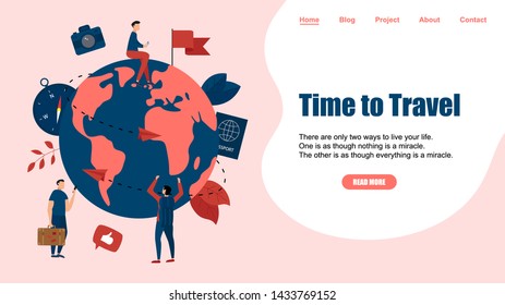 Webpage Template. Concept of Time to Travel. Planet Earth for travel flat design concept with two airplanes	