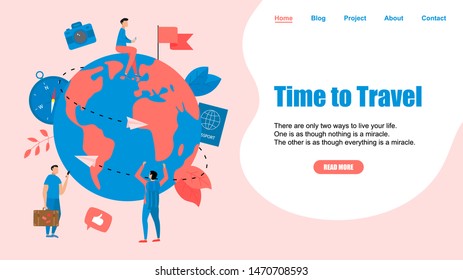 Webpage Template. Concept of Time to Travel. Planet Earth for travel flat design concept with two airplanes	