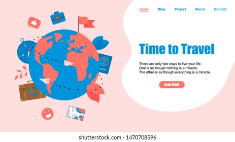 Webpage Template. Concept of Time to Travel. Planet Earth for travel flat design concept with two airplanes	