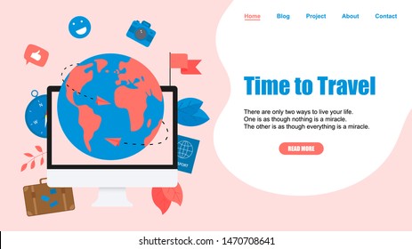 Webpage Template. Concept of Time to Travel. Planet Earth for travel flat design concept with two airplanes	