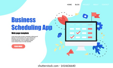 Webpage Template. Flat design business scheduling app on laptop computer with events, reminders and planning	