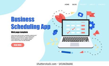 Webpage Template. Flat design business scheduling app on laptop computer with events, reminders and planning	