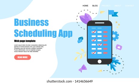 Webpage Template. Flat design business scheduling app on laptop computer with events, reminders and planning	