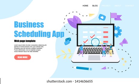 Webpage Template. Flat design business scheduling app on laptop computer with events, reminders and planning	