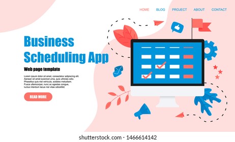 Webpage Template. Flat design business scheduling app on laptop computer with events, reminders and planning	
