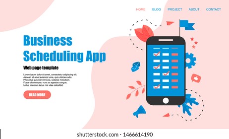 Webpage Template. Flat design business scheduling app on laptop computer with events, reminders and planning	