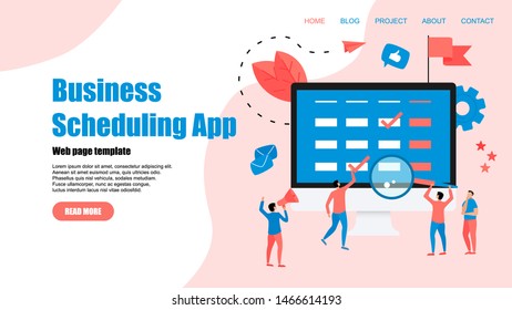 Webpage Template. Flat design business scheduling app on laptop computer with events, reminders and planning	