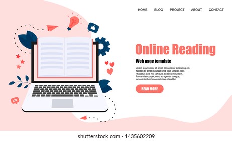 Webpage Template. Flat design open book. Reading concept. Vector illustration	