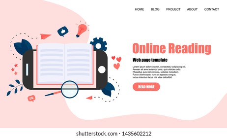 Webpage Template. Flat design open book. Reading concept. Vector illustration	