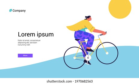 Webpage template with a flat illustration of a female cyclist wearing a yellow shirt riding fixed gear bike under the sun
