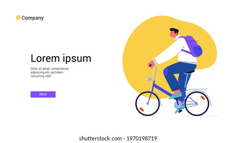 Webpage template with a flat illustration of a male cyclist riding blue folding bike with an abstract yellow shape on the background
