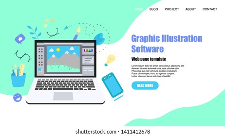 Webpage Template. Flat vector graphic drawing concept with open illustration application with a creative project	