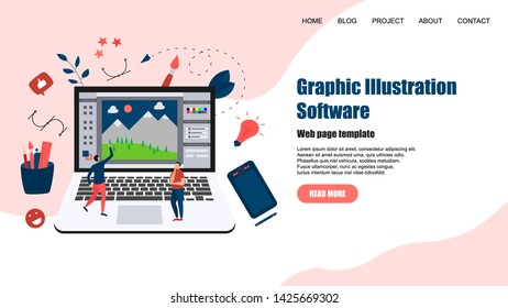 Webpage Template. Flat vector graphic drawing concept with open illustration application with a creative project	