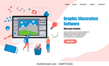 Webpage Template. Flat vector graphic drawing concept with open illustration application with a creative project	