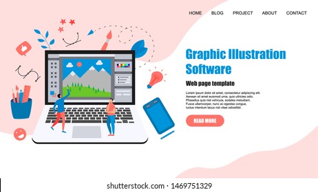 Webpage Template. Flat vector graphic drawing concept with open illustration application with a creative project	