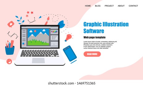 Webpage Template. Flat vector graphic drawing concept with open illustration application with a creative project	