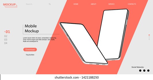 Webpage template with mobile phones with isometric position. 3d realistic phones in perspective. UI/UX/KIT design. Template for advertising or page to the site, marketing, presentation. Vector 