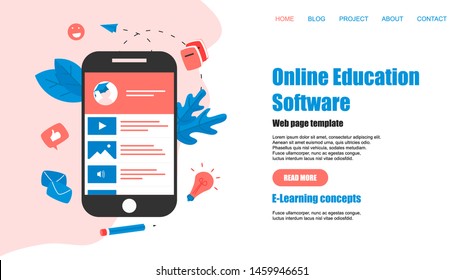 Webpage Template. Online education app. E-learning concept	