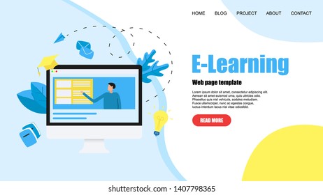 Webpage template with Online education or web course with distance teacher. E-learning concept