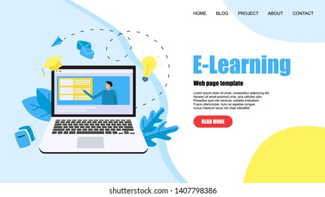 Webpage template with Online education or web course with distance teacher. E-learning concept
