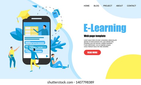 Webpage template with Online education or web course with distance teacher. E-learning concept
