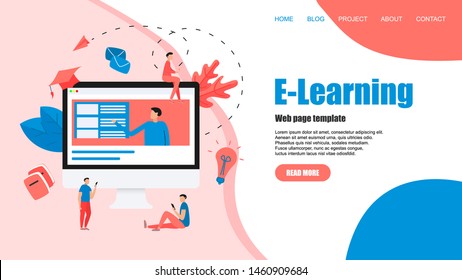 Webpage template with Online education or web course with distance teacher. E-learning concept	