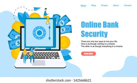 Webpage Template. Online safe box with money saving dollar coins. Finance concept	