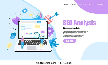 Webpage template. Seo analysis with search and magnifier on desktop. Business concept	