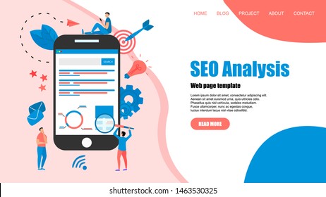 Webpage template. Seo analysis with search and magnifier on desktop. Business concept	