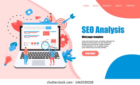 Webpage template. Seo analysis with search and magnifier on desktop. Business concept	