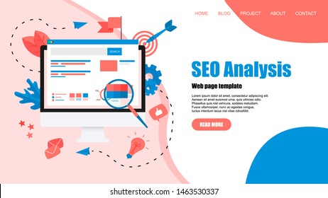 Webpage template. Seo analysis with search and magnifier on desktop. Business concept	