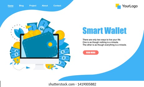 Webpage Template. Smart wallet with dollar banknotes and coins. Finance bank concepts.	
