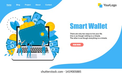 Webpage Template. Smart wallet with dollar banknotes and coins. Finance bank concepts.	