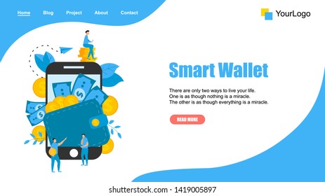 Webpage Template. Smart wallet with dollar banknotes and coins. Finance bank concepts.	