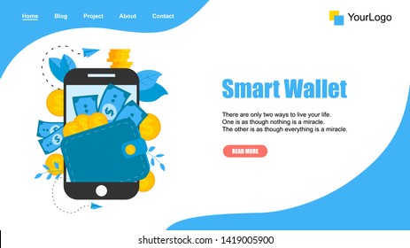 Webpage Template. Smart wallet with dollar banknotes and coins. Finance bank concepts.	