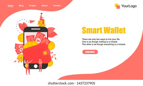 Webpage Template. Smart wallet with dollar banknotes and coins. Finance bank concepts.	