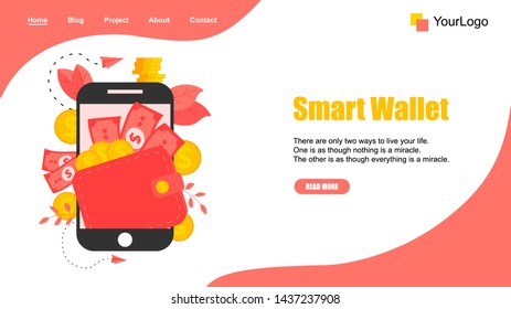 Webpage Template. Smart wallet with dollar banknotes and coins. Finance bank concepts.	