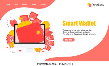 Webpage Template. Smart wallet with dollar banknotes and coins. Finance bank concepts.	