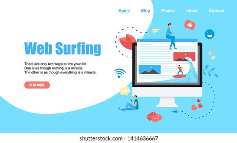 Webpage Template. Surfer surfing a wave web page vector illustration. Web page surfing concept.	