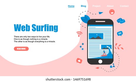 Webpage Template. Surfer surfing a wave web page vector illustration. Web page surfing concept.	