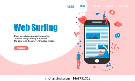 Webpage Template. Surfer surfing a wave web page vector illustration. Web page surfing concept.	