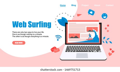 Webpage Template. Surfer surfing a wave web page vector illustration. Web page surfing concept.	